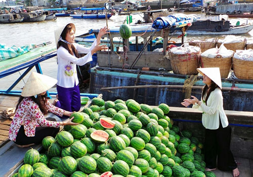 A boat of watermelon at Cai Rang floating market - Mekong delta tour